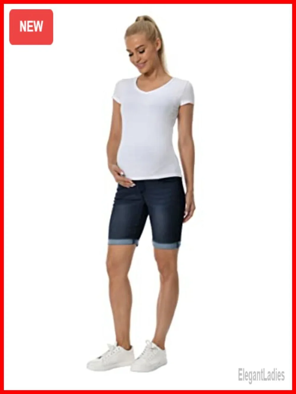 Maternity Denim Bermuda Shorts High Rise Rolled Cuff